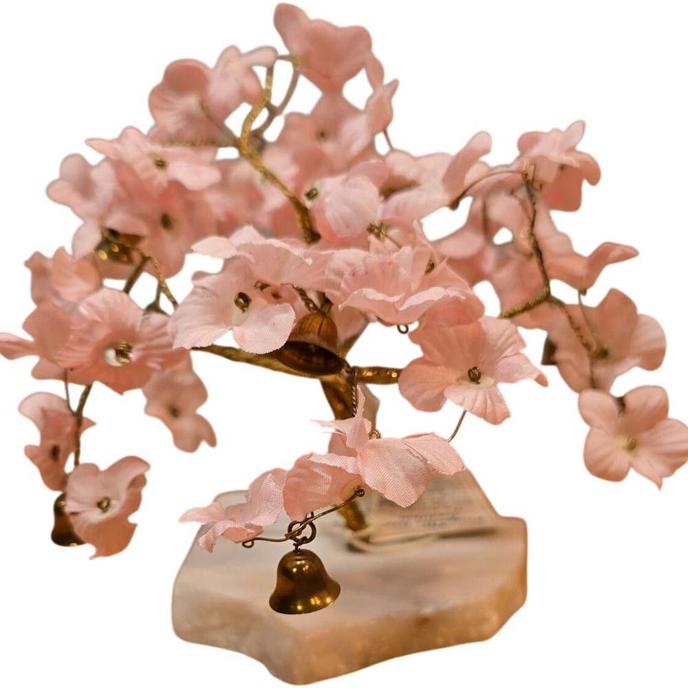 Prosperity Tree Silk Flowers Brass Bells on Marble Base Feng Shui 6"Vintage